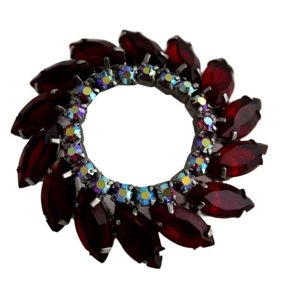 Vintage Ruby Red Rhinestone Circle Brooch In Floral Box - Picture 2 of 6